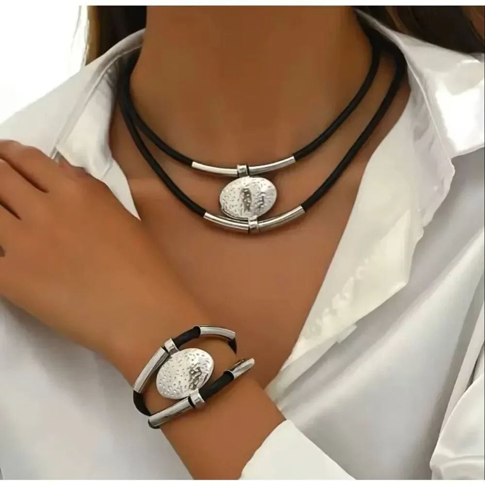Zara Silver -Accent Black Vegan Leather Necklace & Bracelet Set NWOT